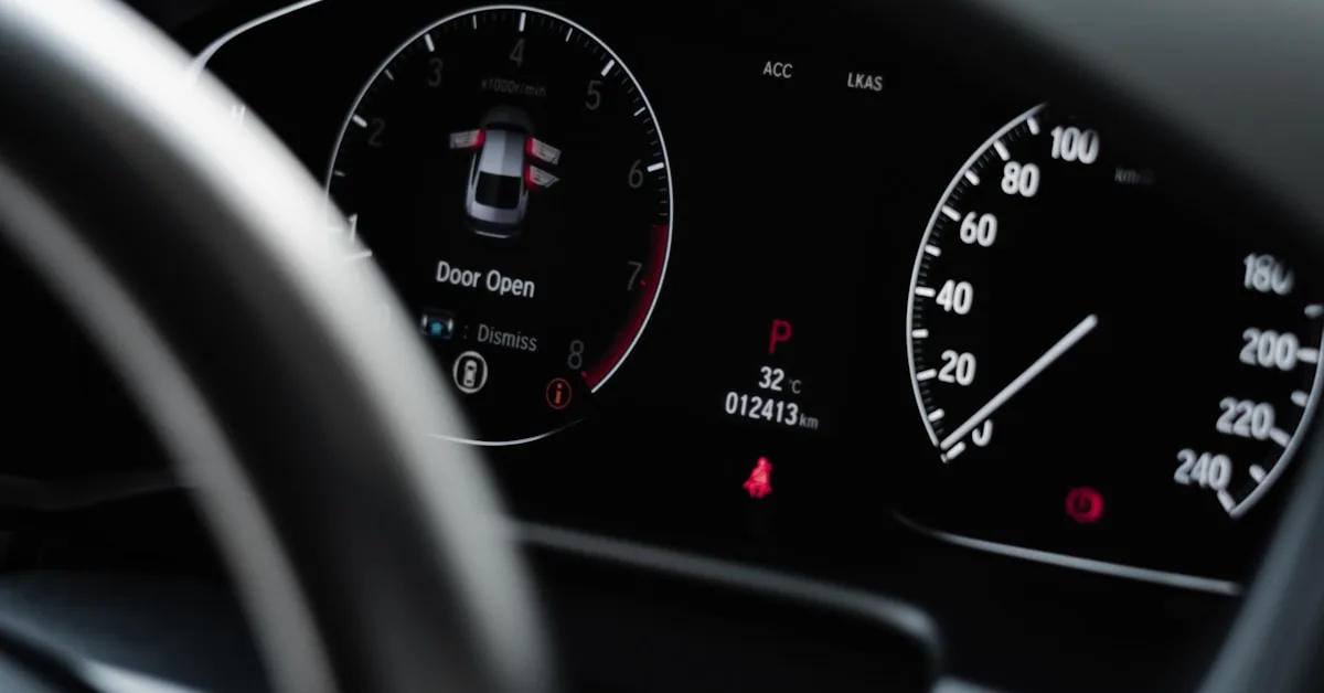 Painel de instrumentos de carro moderno com velocímetro ligado em estrada de dia