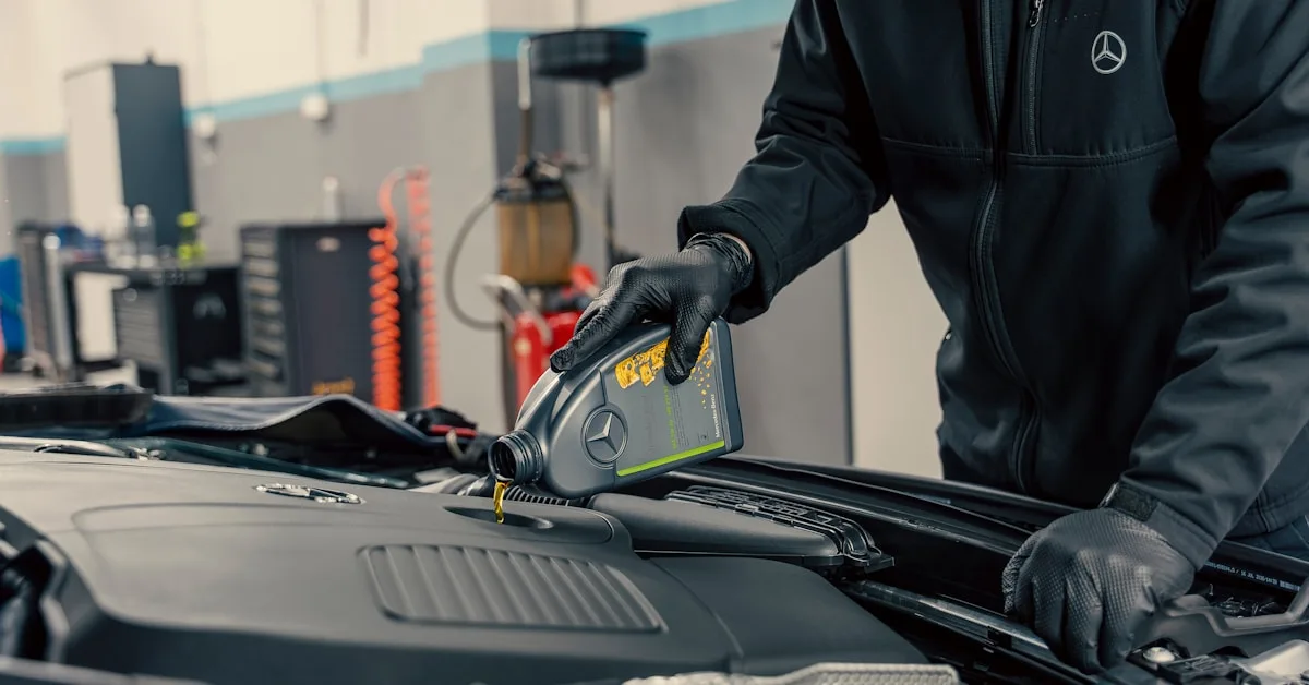 Mecânico realizando a manutenção preventiva e a troca de óleo do motor de um veículo