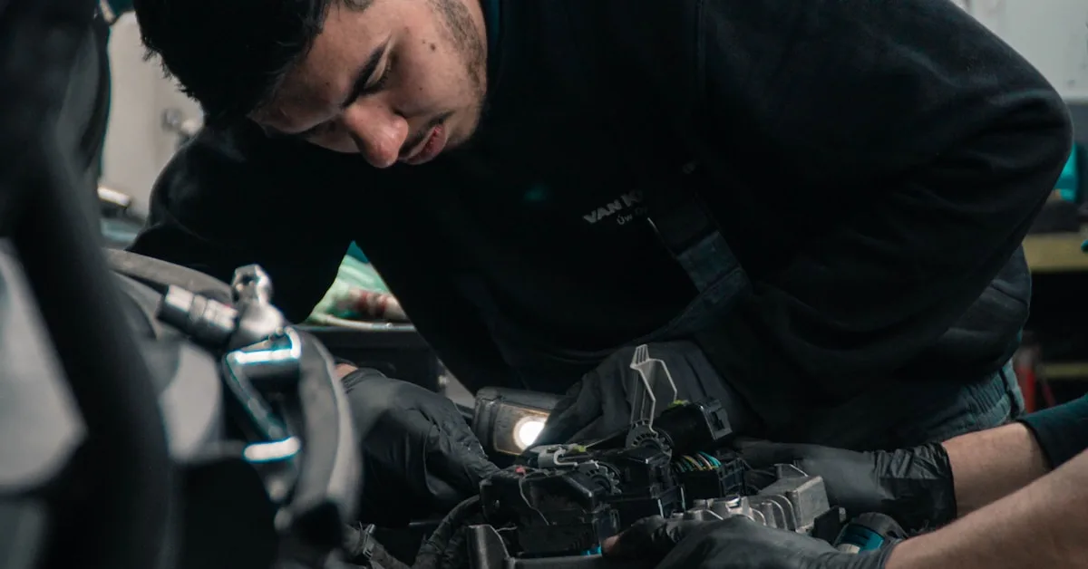 Mecânico trabalhando em motor de carro durante revisão preventiva